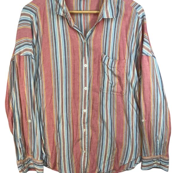 American Eagle Womens Pink Stripe Viscose Linen Blend Lightweight Button Down M - Picture 3 of 6